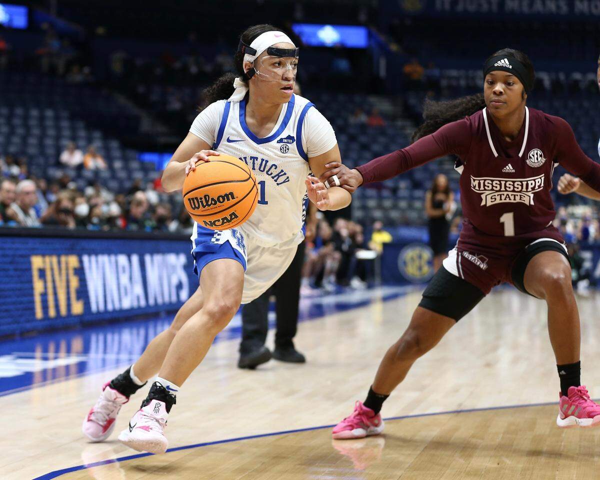 Kentucky’s Jada Walker played Thursday’s game while wearing a clear, protective face mask after sustaining an injury in UK’s last regular-season game.
