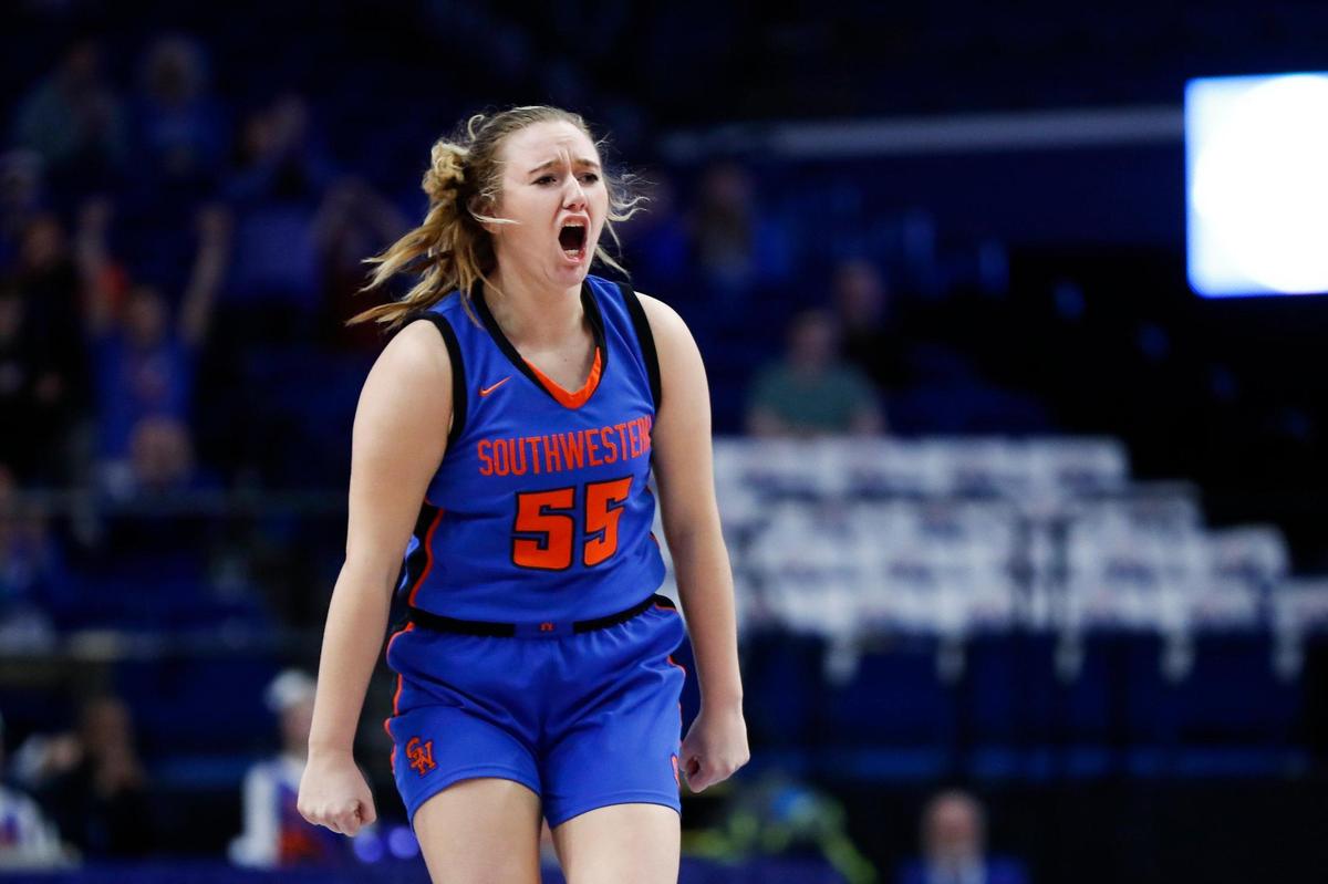 Southwestern’s Payton Acey (55) reacts after making a three-point shot against McCracken County during the first round of the state tournament on Wednesday night.