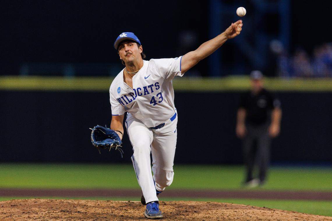 Jun 8, 2024; Lexington, KY, USA; Kentucky Wildcats pitcher Jackson Nove (43) throws a pitch during the eighth inning against the Oregon State Beavers at Kentucky Proud Park. Mandatory Credit: Jordan Prather-USA TODAY Sports