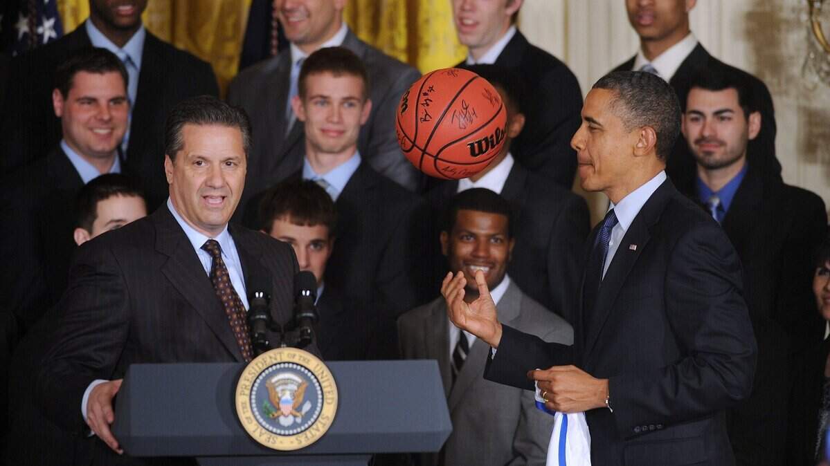 John Calipari, Barack Obama talk March Madness. The former president likes Kentucky a lot.