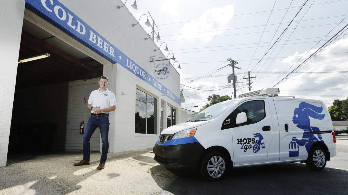 Thomas Towles at his business, Hops2Go, a beer delivery service for beer, wine and liquor in Lexington, Ky, on July 17, 2017.