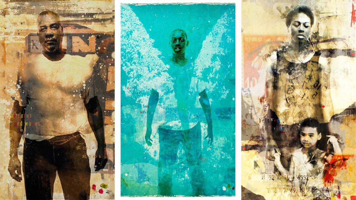 Three pieces from the ‘i was here’ art project, from left, “He Turns and Waves,” “Their Easy on the EyesHearts” and “Beloveds, Low Tide.”