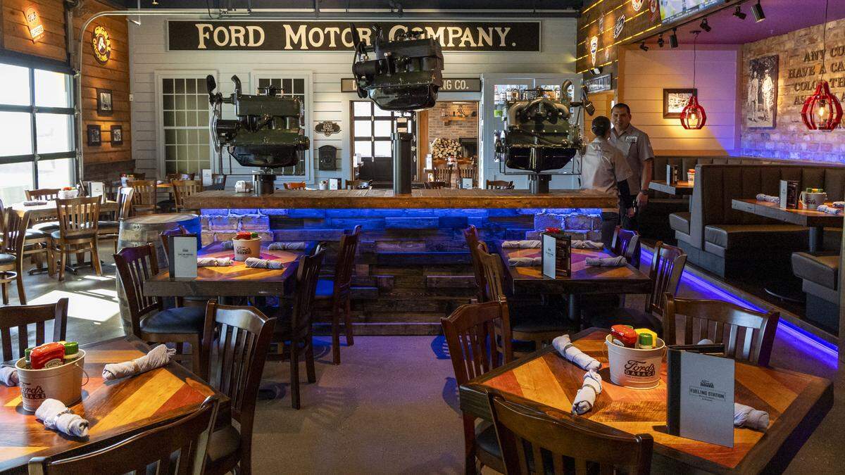 Ford’s Garage, photographed Tuesday, Nov. 4, 2025, in Lexington, Ky., can seat 259 guests. The burger-and-craft-beer restaurant is known for its vintage automotive decor as an official licensee of the Ford Motor Company.