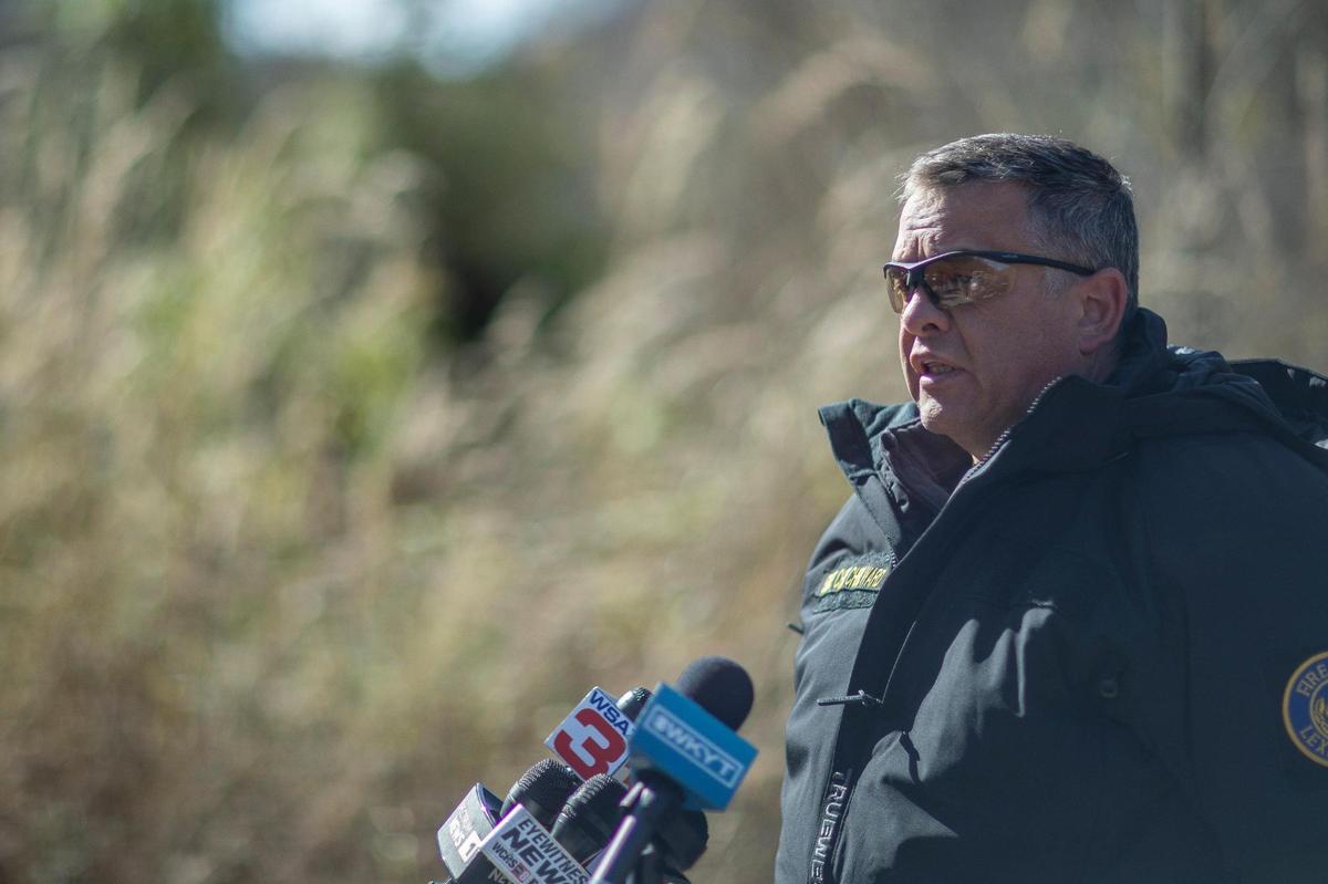 Lexington Fire Department Battalion Chief Chris Ward speaks to members of the media about the rescue operation underway for two workers trapped inside a collapsed coal preparation plant in Martin County, Ky., on Wednesday, Nov. 1, 2023. Officials confirmed one of the workers had died.