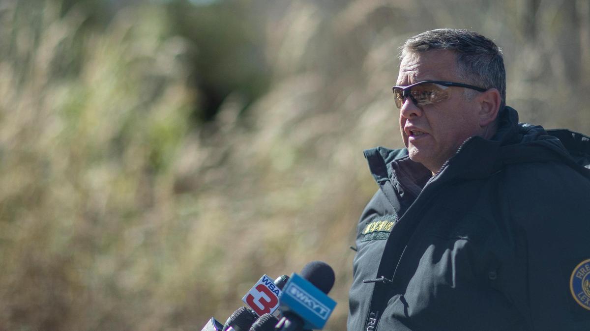 Lexington Fire Department Battalion Chief Chris Ward speaks to members of the media about the rescue operation underway for two workers trapped inside a collapsed coal preparation plant in Martin County, Ky., Wednesday, Nov. 1, 2023. Officials confirmed one of the workers had died.
