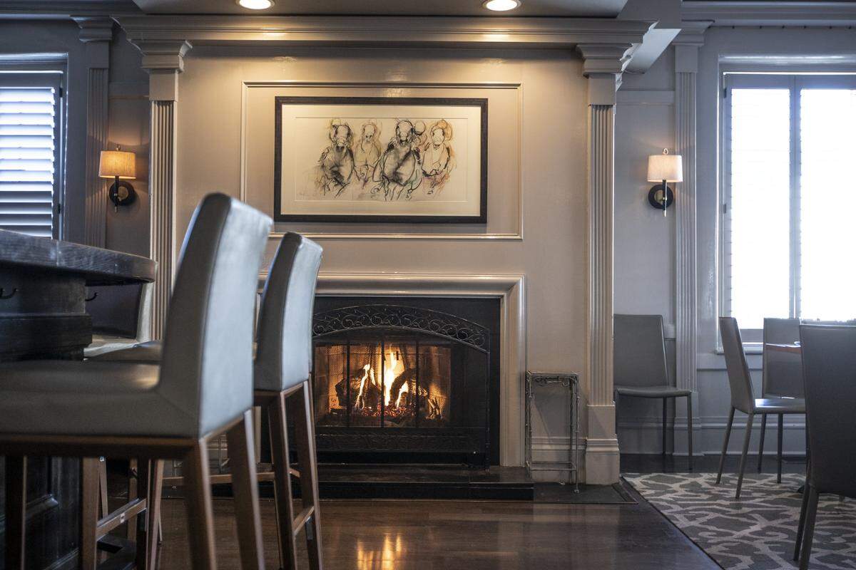 The fireplace at Distilled, in The Sire hotel, is in the cozy lounge, where you can get a drink or eat lunch or dinner.