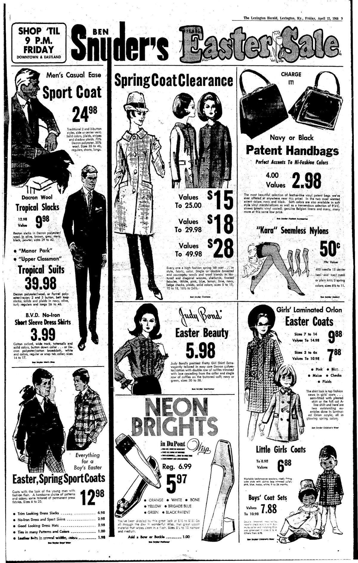 Full-page advertisement in the April 12, 1968, Lexington Herald for an Easter sale at the Ben Snyder department store. At this time Lexington had two Snyder’s locations; one downtown and the other at Eastland, the city’s first shopping center. Some of the items promoted in the ad include a boys’ Easter sport coat for $12.98, girls’ laminated Orlon Easter coats starting at $7.88 and and women’s shoes available in seven neon colors to choose from for $5.97. If you are familiar with the popular book and Netflix show, “The Queen’s Gambit,” Ben Snyder’s is where Beth Harmon would shop. The downtown store was at 113 East Main St., now the site of the Fayette County courthouse plaza. It operated there from 1935 until 1980, leaving Wolf Wile as the only downtown department store. The Eastland location opened in 1964 and closed in 1985. The store was founded in 1913 and had locations in Louisville, Paducah, Elizabethtown, Bowling Green and southern Indiana. In 1987, Hess’s Department Stores bought the remaining Ben Snyder Department Store.