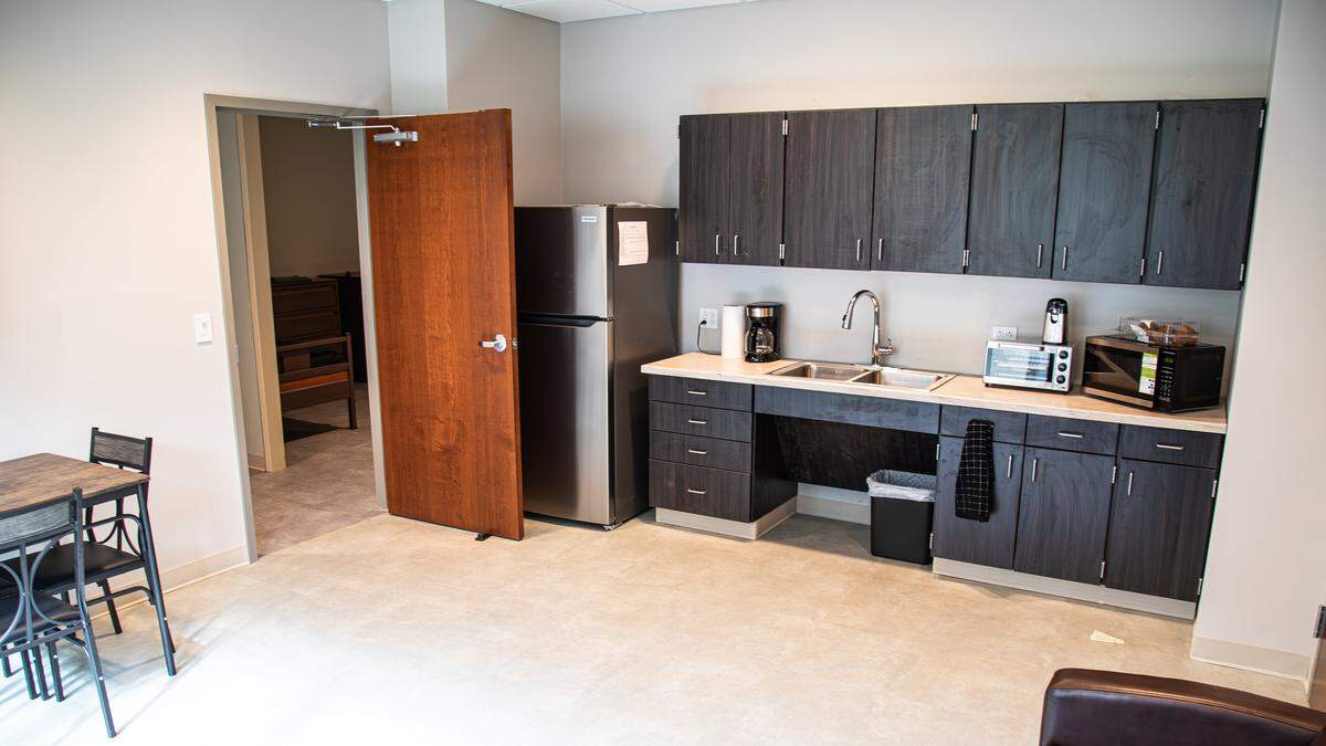 Shared break area attached to living quarters that accommodates housed residents in the Hope Center's Emergency Shelter, on September 3, 2025, in Lexington, Ky.