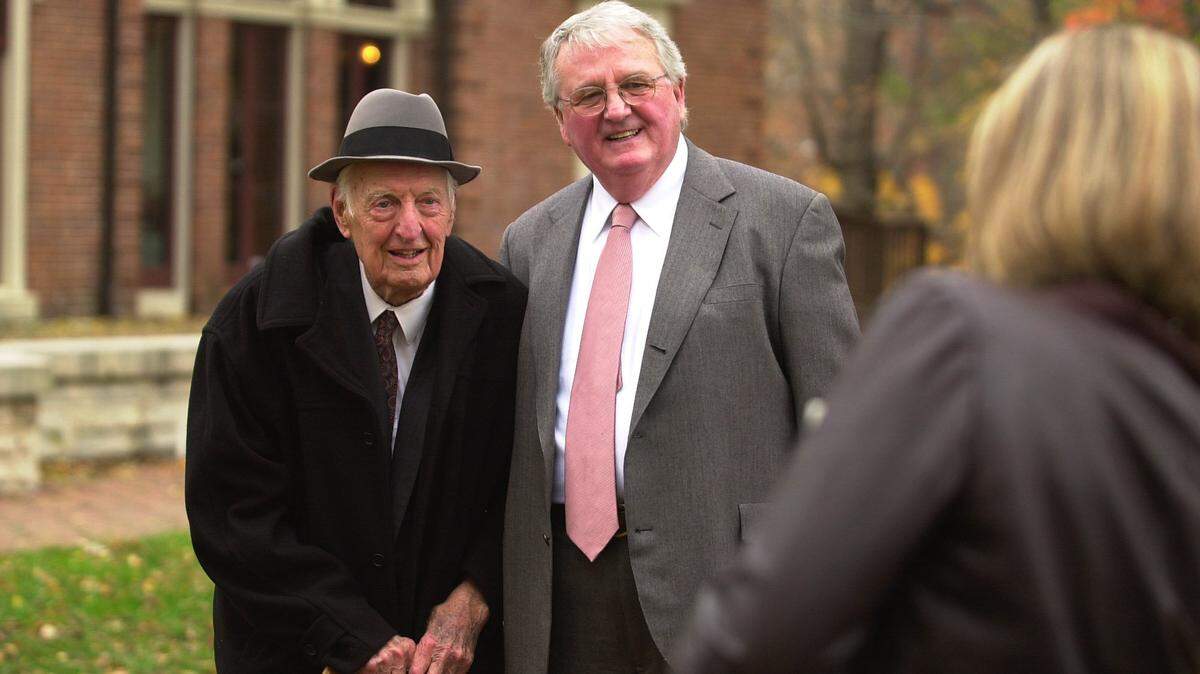 L-Dr. Thomas D. Clark having his photo taken with R-former KY Congresman Larry Hopkins following a presentation of a book “ United States Congressional Representatives of Central Kentucky 1789-2002” held under a tent on the lawn of Ashland, The Henry Clay Estate, 120 Sycamore Rd. in Lexington, KY., Saturday, November 12, 2002.