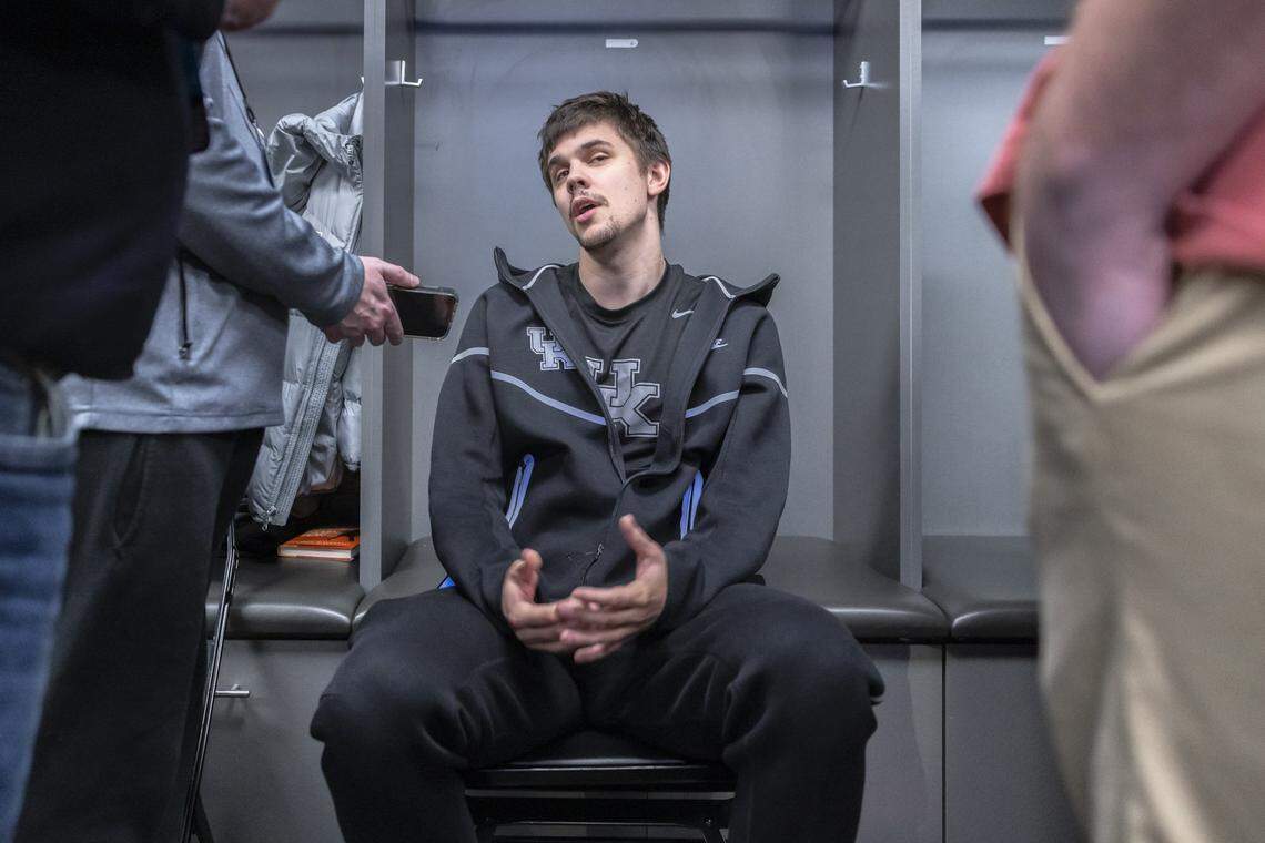 Kentucky guard Kerr Kriisa talks to reporters at Fiserv Forum in Milwaukee on Thursday ahead of Kentucky’s first NCAA Tournament game against Troy.