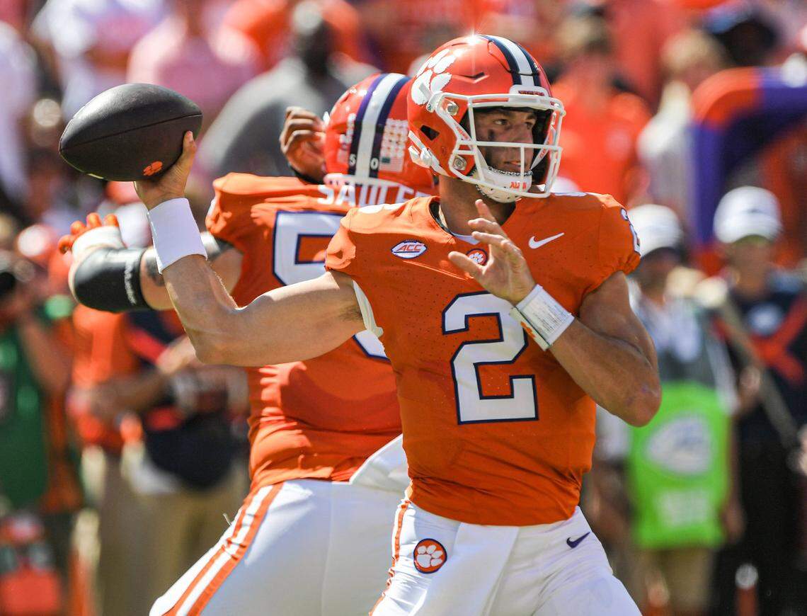 Clemson quarterback Cade Klubnik is completing 63% of his passes and has thrown for 2,580 yards and 19 touchdowns with eight interceptions this season.