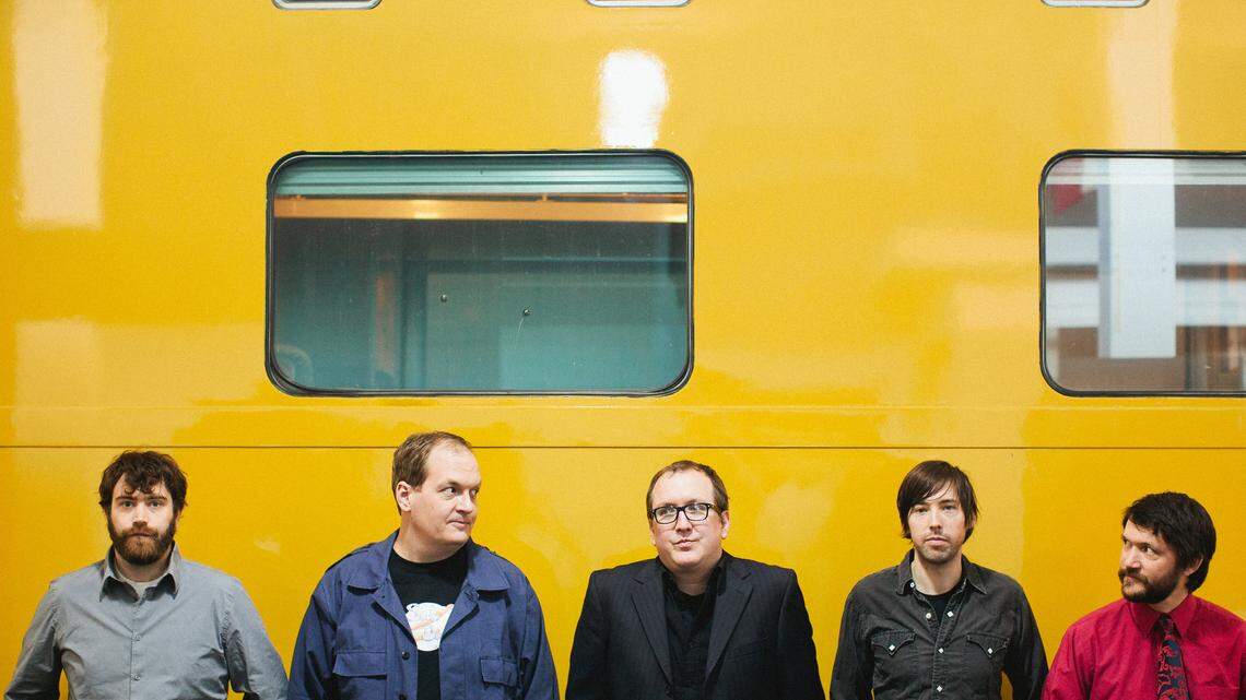 Cursive's current lineup is, from left, keyboardist Patrick Newberry, guitarist Ted Stevens, bassist Matt Maginn, drummer Cully Symington and guitarist and frontman Tim Kasher.  