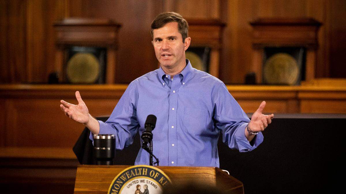 Gov. Andy Beshear gives his daily update on the state of the coronavirus in Kentucky at the Capitol in Frankfort, Ky., Wednesday, Thursday, June 11, 2020.