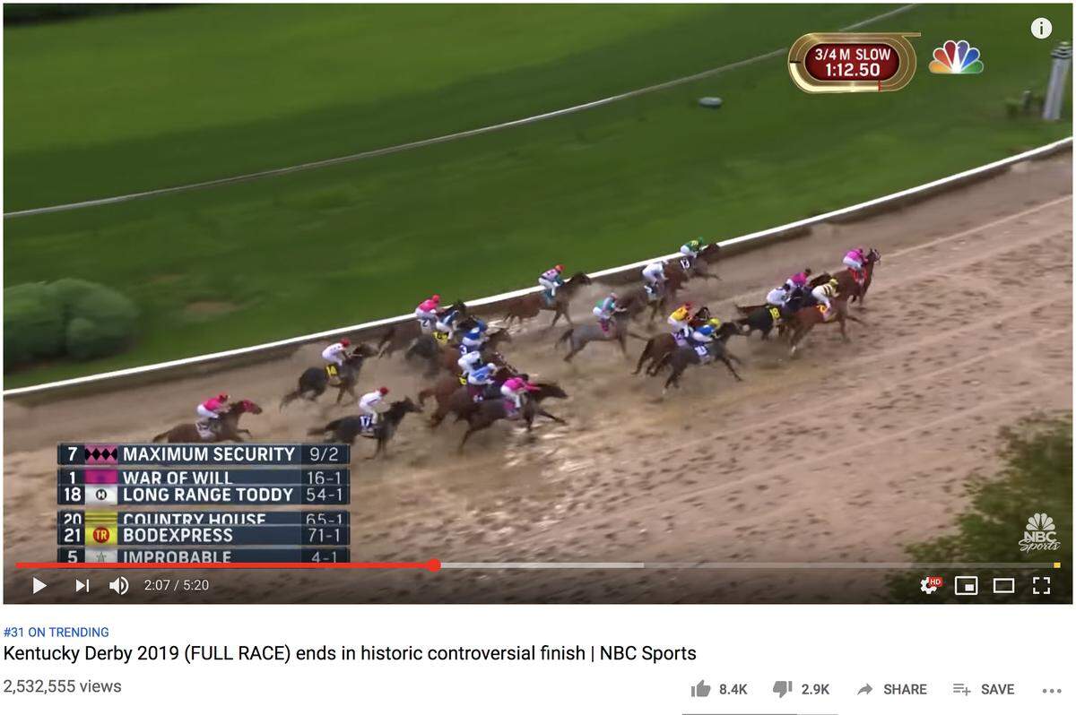 At 2:07, Maximum Security moves wide again, this time even further off the rail. This is the event that resulted in the disqualification by the stewards, who said he interfered with multiple horses, including War of Will, Long Range Toddy and Bodexpress.