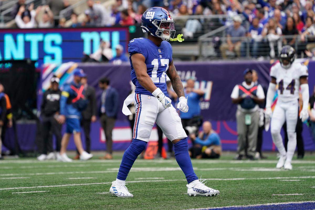 New York Giants’ Wan’Dale Robinson (17) celebrates during the first half of an NFL football game against the Baltimore Ravens Sunday, Oct. 16, 2022, in East Rutherford, N.J.