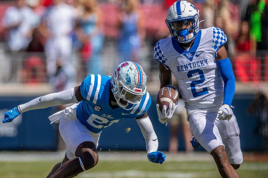 In Kentucky’s 22-19 loss at Mississippi in 2022, Wildcats kickoff returner Barion Brown (2) averaged 54.7 yards on three returns with a long of 85 yards.