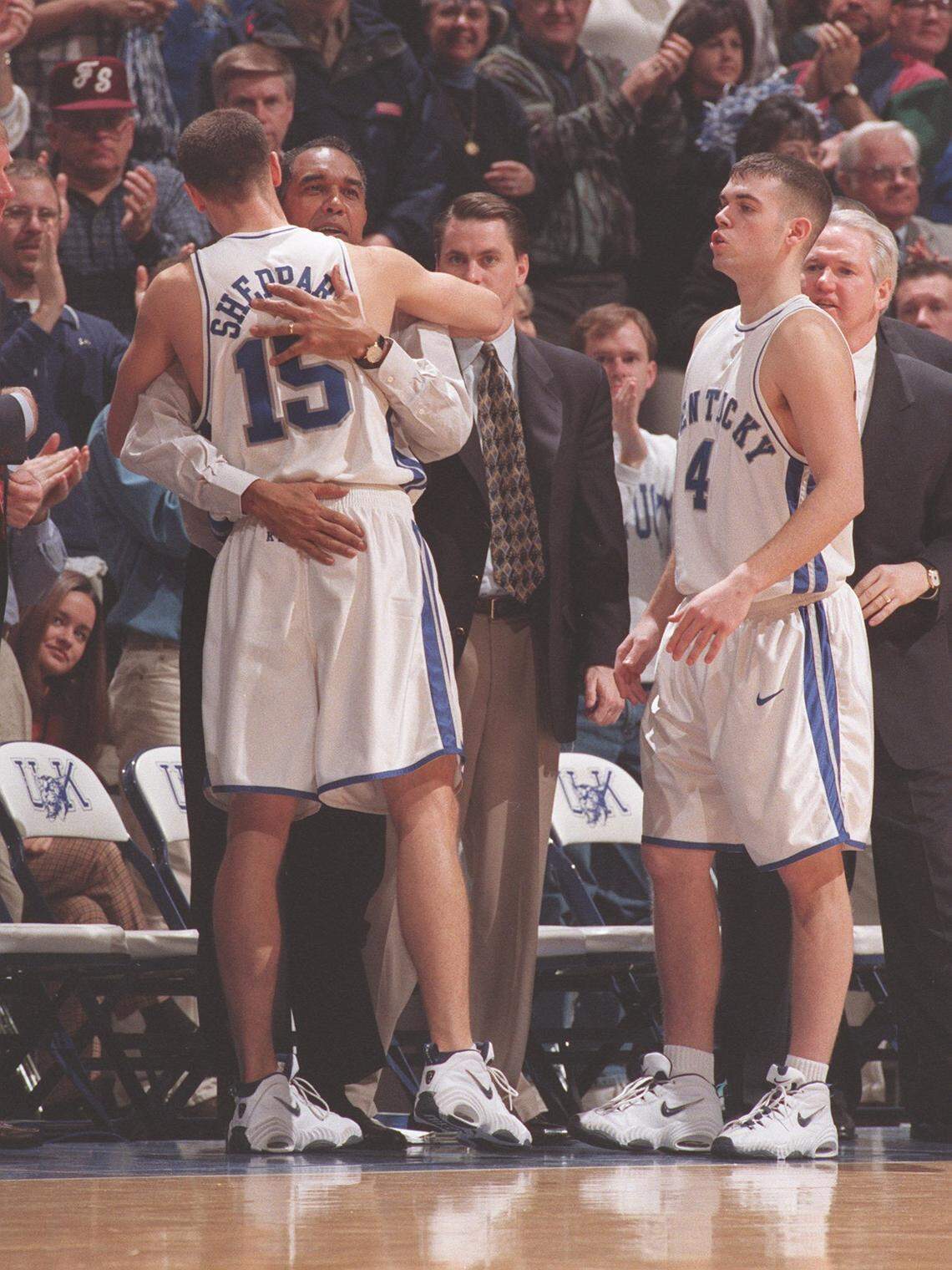 Kentucky coach Tubby Smith hugged Jeff Sheppard (15) when the guard left UK’s 85-74 win over Georgia on Feb. 22, 1998, for the final time. It was the last home game of the 1997-98 season for the Wildcats and was Sheppard’s final game in a Kentucky uniform at Rupp Arena.