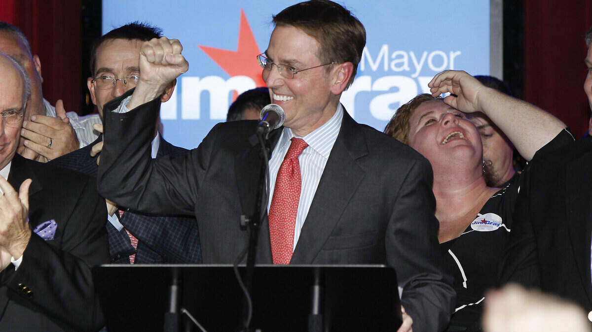 Jim Gray celebrated after winning the Lexington mayoral race on Tuesday. His sexual orientation was not a big issue in the election. 