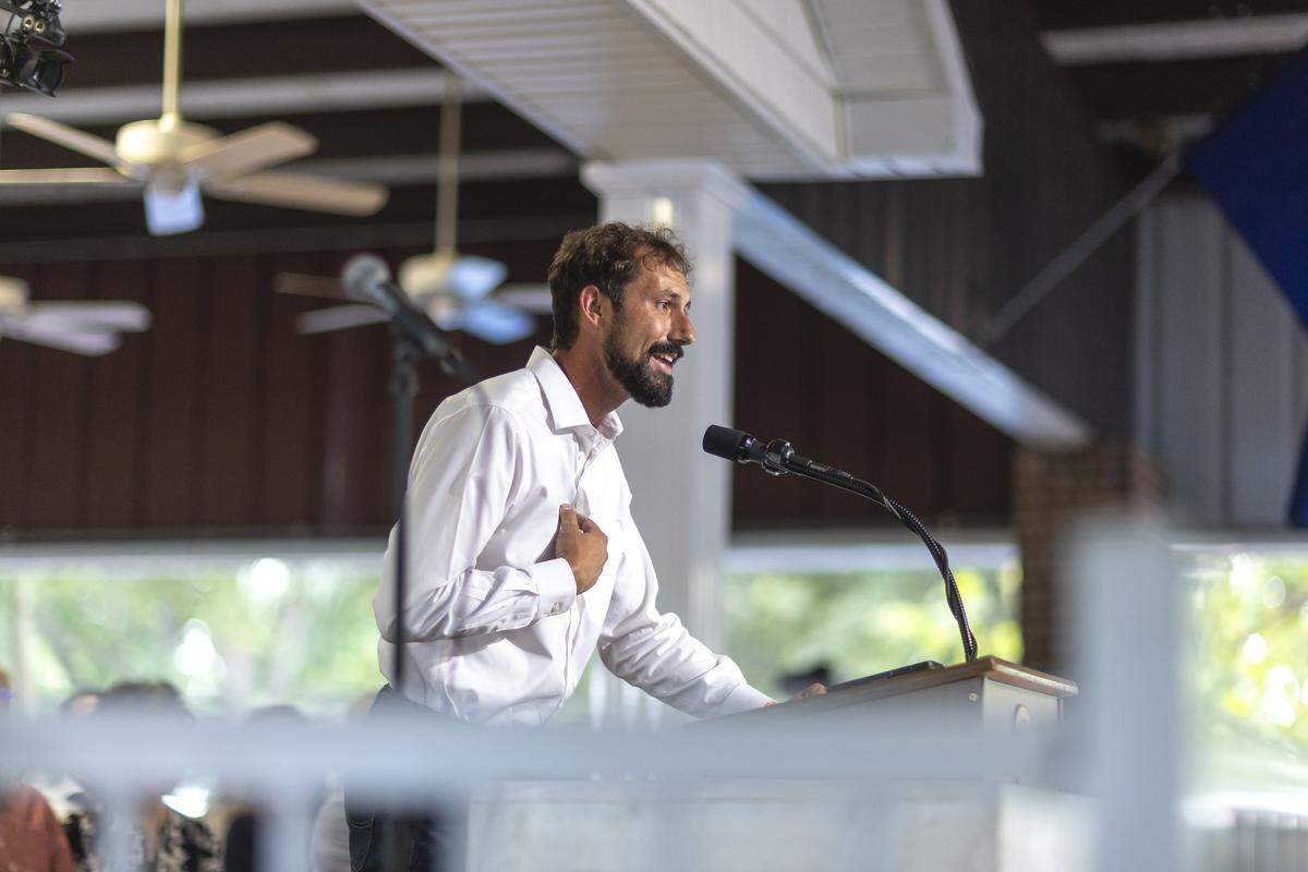 John “Drew” Williams, a candidate for U.S. Congress, delivers a speech during the 145th annual St. Jerome Fancy Farm Picnic in Fancy Farm, Ky., on Saturday, Aug. 2, 2025.