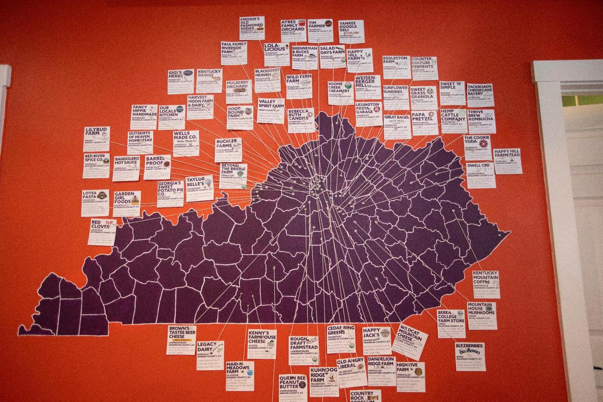 A map with lines from suppliers of restaurant and shop in 20 Kentucky counties at Locals Food Hub & Pizza Pub in Frankfort, Ky., June 16, 2023.