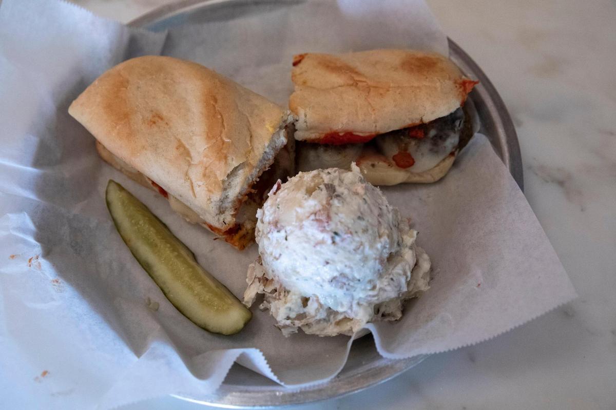 The Meatball Sub with a side of potato salad at the Engine House Pub and Pizza Parlour.