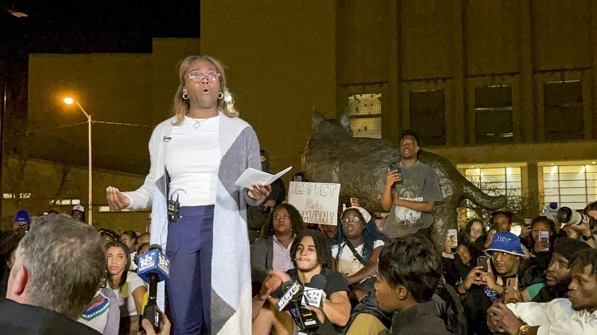Kylah Spring speaks at a march against racism on University of Kentucky’s campus on Nov. 7, 2022. The march was organized after video of a white UK student, Sophia Rosing, saying racist slurs to a Black student desk clerk, Spring, went viral on social media.