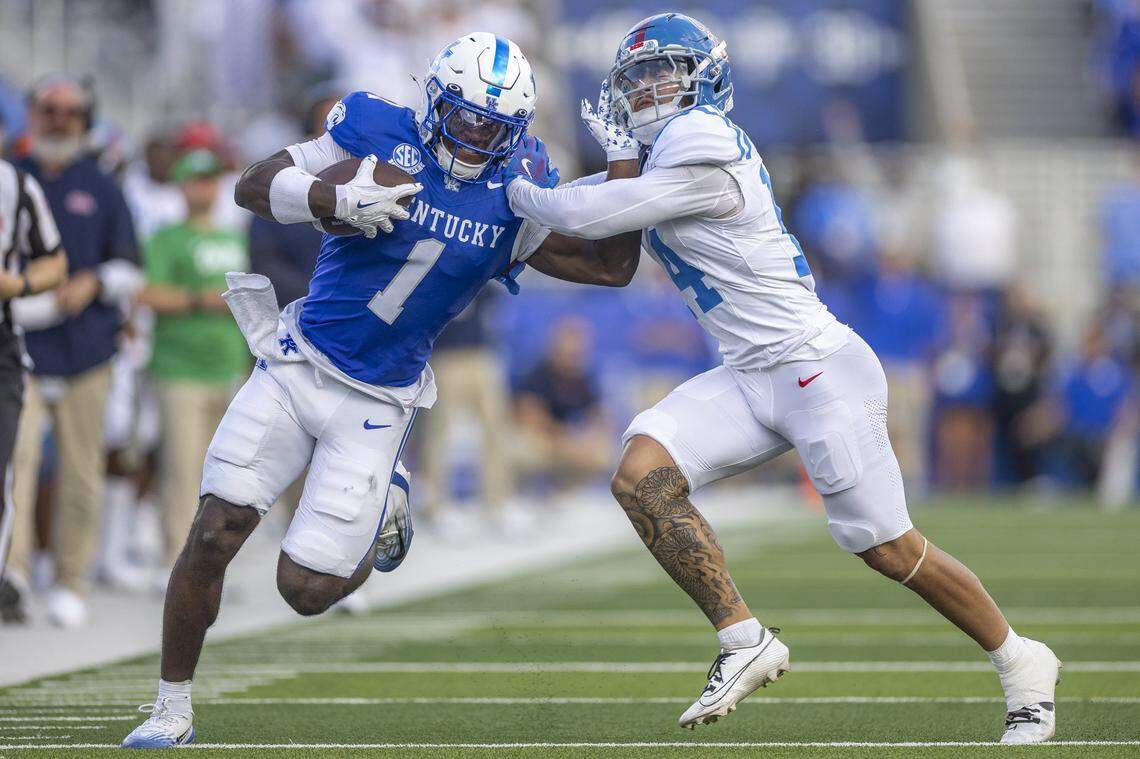 A transfer from Alabama, Kentucky wide receiver Kendrick Law (1) caught six passes for 44 yards in UK’s 30-23 loss to then-No. 20 Mississippi last week.