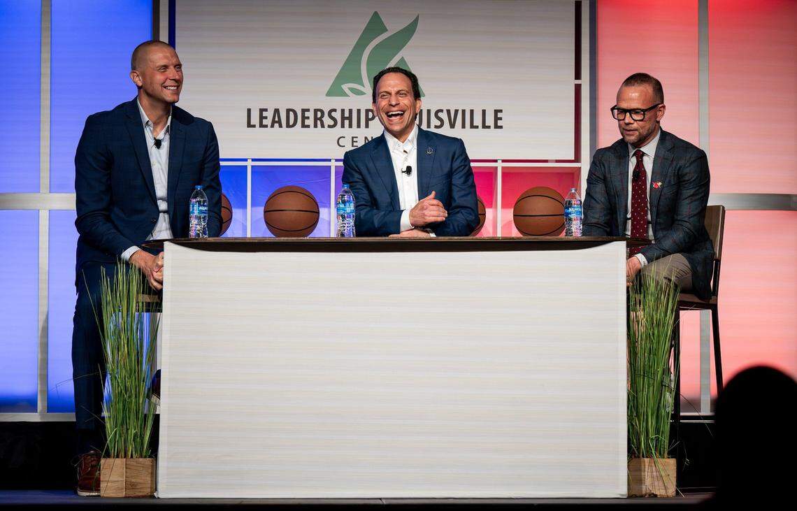Louisville Mayor Craig Greenberg, center, shared a laugh with Kentucky men’s basketball coach Mark Pope and U of L men’s basketball coach Pat Kelsey at the Leadership Louisville Luncheon on Wednesday.