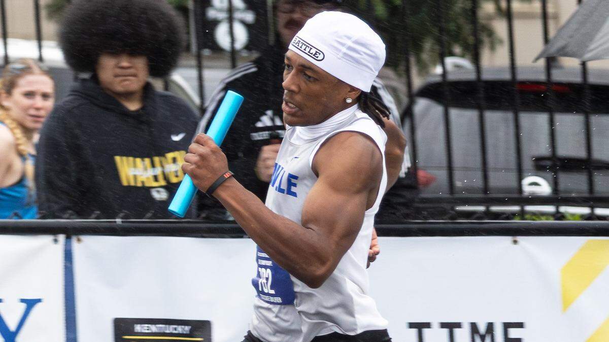 Danville's Triden Sellers (#782) rounds the corner in the boys 4x200 meter relay during the KHSAA Class A State Track and Field Championships at the University of Kentucky Outdoor Track and Field Complex in Lexington on Thursday, May 21, 2026.
