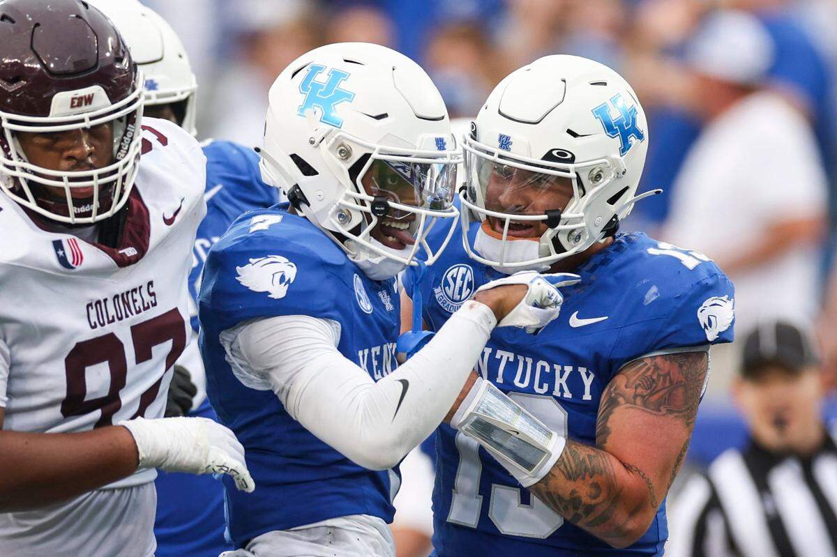 Kentucky wide receiver Barion Brown (7) celebrates a play during last Saturday’s win over Eastern Kentucky. The Wildcats host Akron on Saturday night.