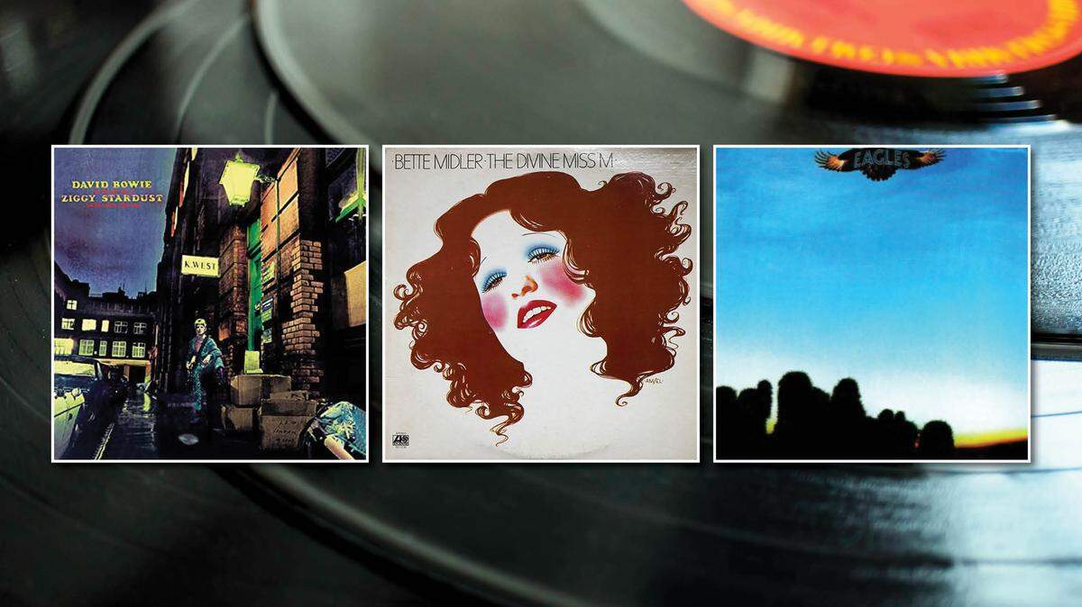 From left, record album covers from David Bowie, “The Rise and Fall of Ziggy Stardust and the Spiders from Mars,” Bette Midler, “The Divine Miss M” and The Eagles’ debut album, “Eagles.”