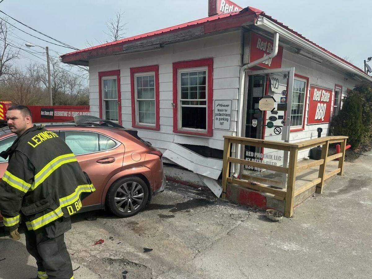 The wall of Red State BBQ on Georgetown Road in Lexington was damaged March 20 after a car was struck then pushed backward into the building. The restaurant will be closed over the weekend and hopes to reopen early next week, according to owner David Carroll.