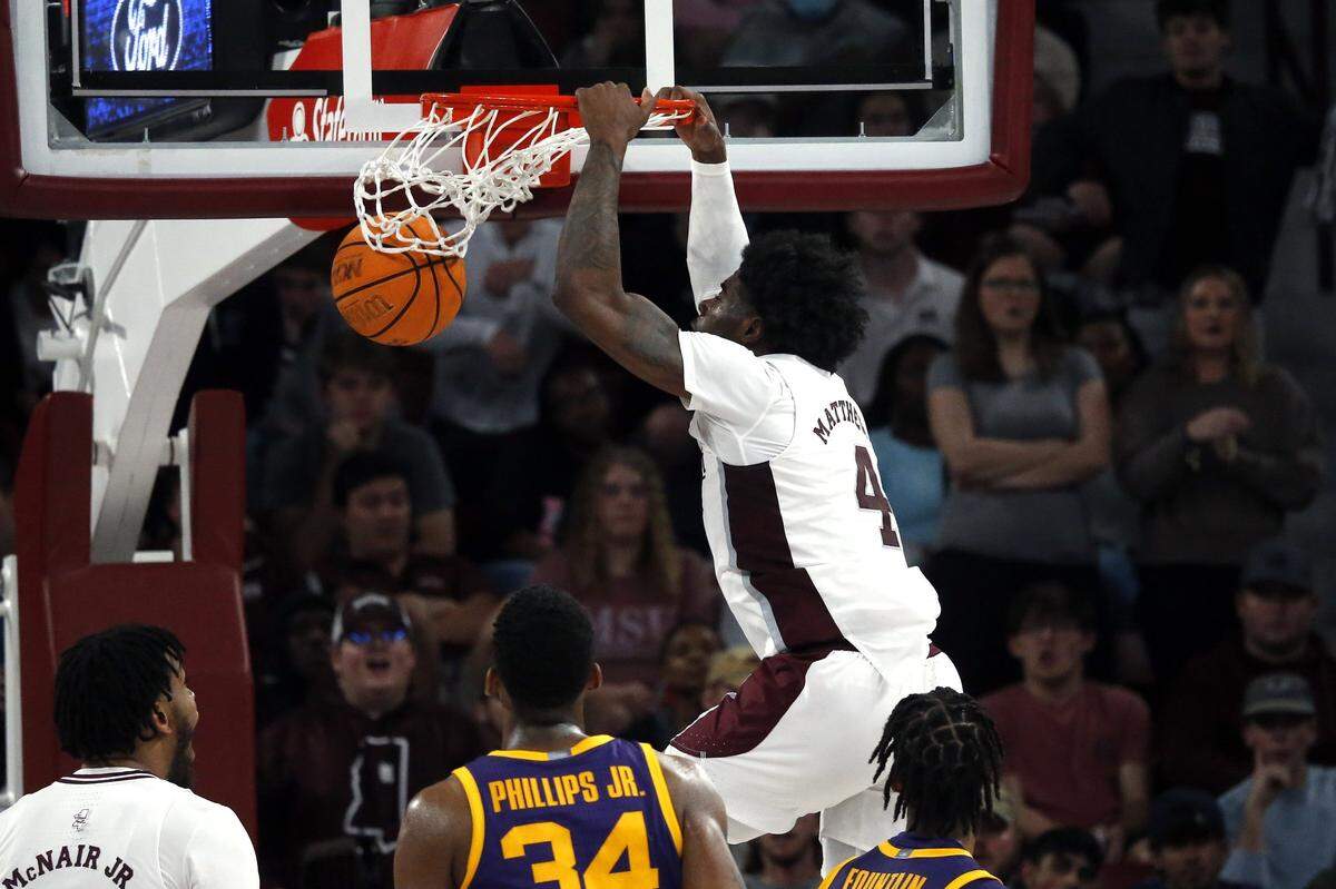 Mississippi State’s Cameron Matthews dunks during a game against LSU at Humphrey Coliseum. The Bulldogs host Kentucky on Wednesday night.