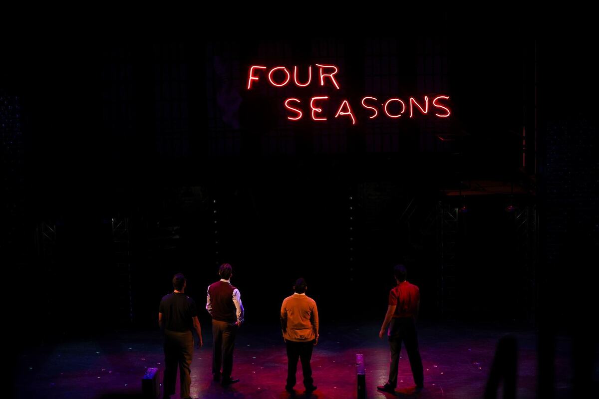 Joey LaVarco, Nick Bernardi, Caleb Albert and Tyler Okunski of “Jersey Boys” look up during a rehearsal of a scene on Monday, July 29, 2024, at Lexington Opera house in Lexington, Kentucky. 