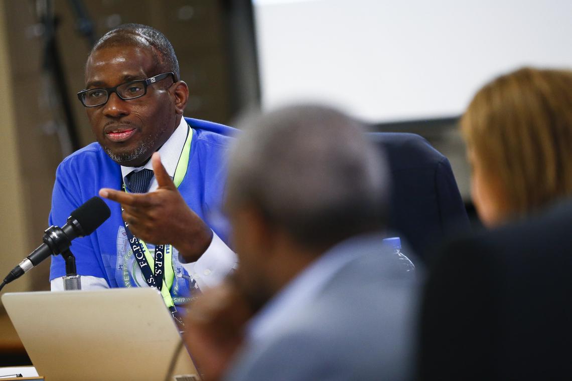Superintendent Manny Caulk spoke to the crowd during a special meeting of the Board of Education in 2018.