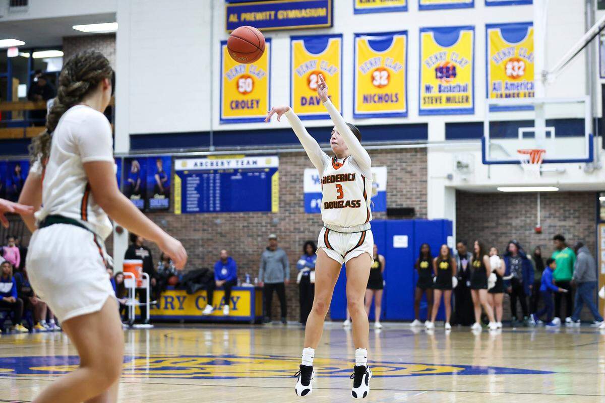 Kate Baker (3) was one of the state’s top 3-point shooting threats this season at 45.5 percent and is the third-leading scorer for Frederick Douglass. Baker was forced to miss the entire postseason after tearing an ACL.