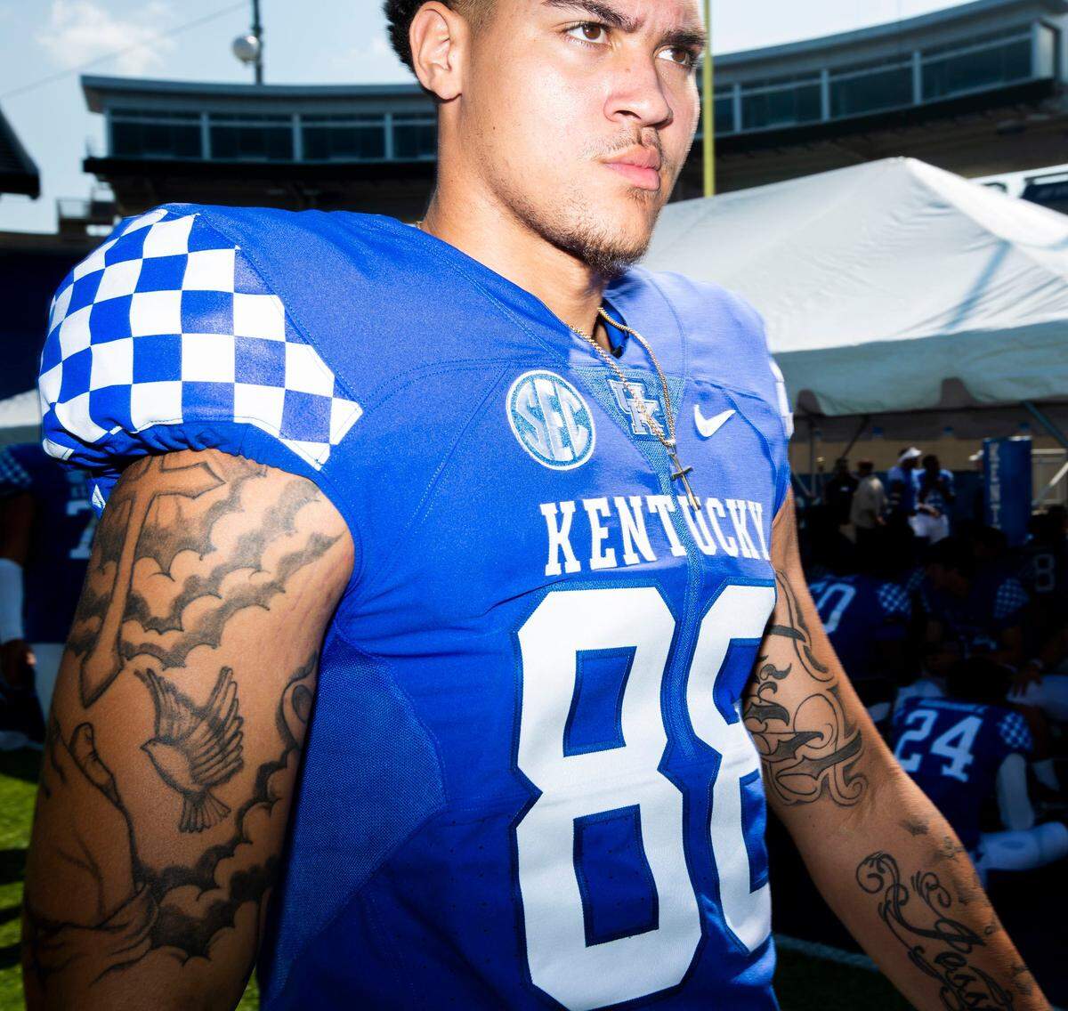 Redshirt freshman tight end Keaton Upshaw, who is coming back from a season-ending knee injury suffered last September, has impressed with some big plays during spring practice.