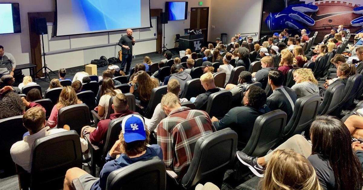 Dakotah Euton spoke on the University of Kentucky campus at a Fellowship of Christian Athletes gathering. Now 29, Euton committed to play basketball for UK and then-coach Billy Gillispie between his freshman and sophomore years of high school. “Looking back, it was absolutely crazy,” Euton says.