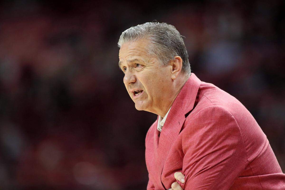 Nov 18, 2024; Fayetteville, Arkansas, USA; Arkansas Razorbacks head coach John Calipari during the first half against the Pacific Tigers at Bud Walton Arena. Mandatory Credit: Nelson Chenault-Imagn Images