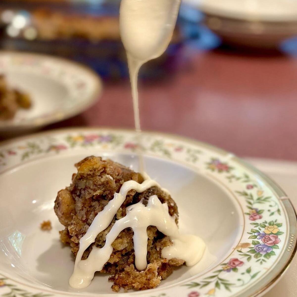 Bread pudding drizzled with bourbon glaze at Chez Lyndon