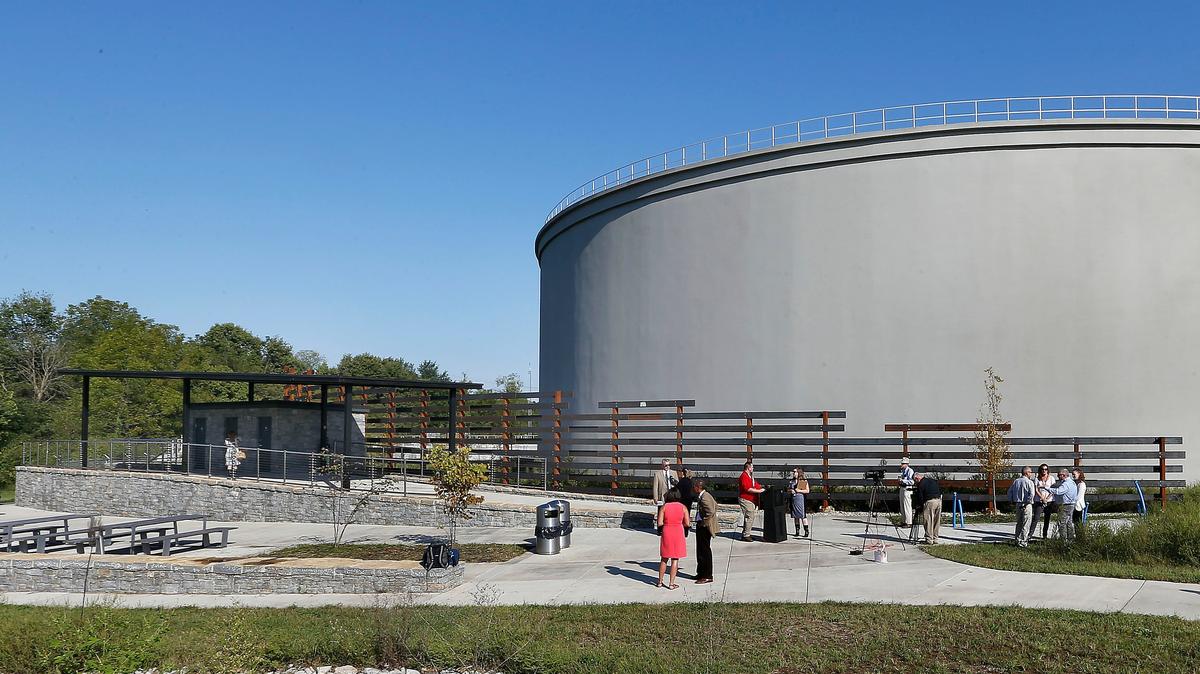 An official opening ceremony was held Tuesday morning for a new rest area built for pedestrians and cyclists around the new wet weather storage tank on the Legacy Trail in Coldstream Park. The new rest area includes restrooms ( located under the roof on the left), a water bottle filling station, bike racks and seating along with trees and landscaping that provide shade The wet weather storage tank is 60 feet tall and can hold 11 million gallons of water.
