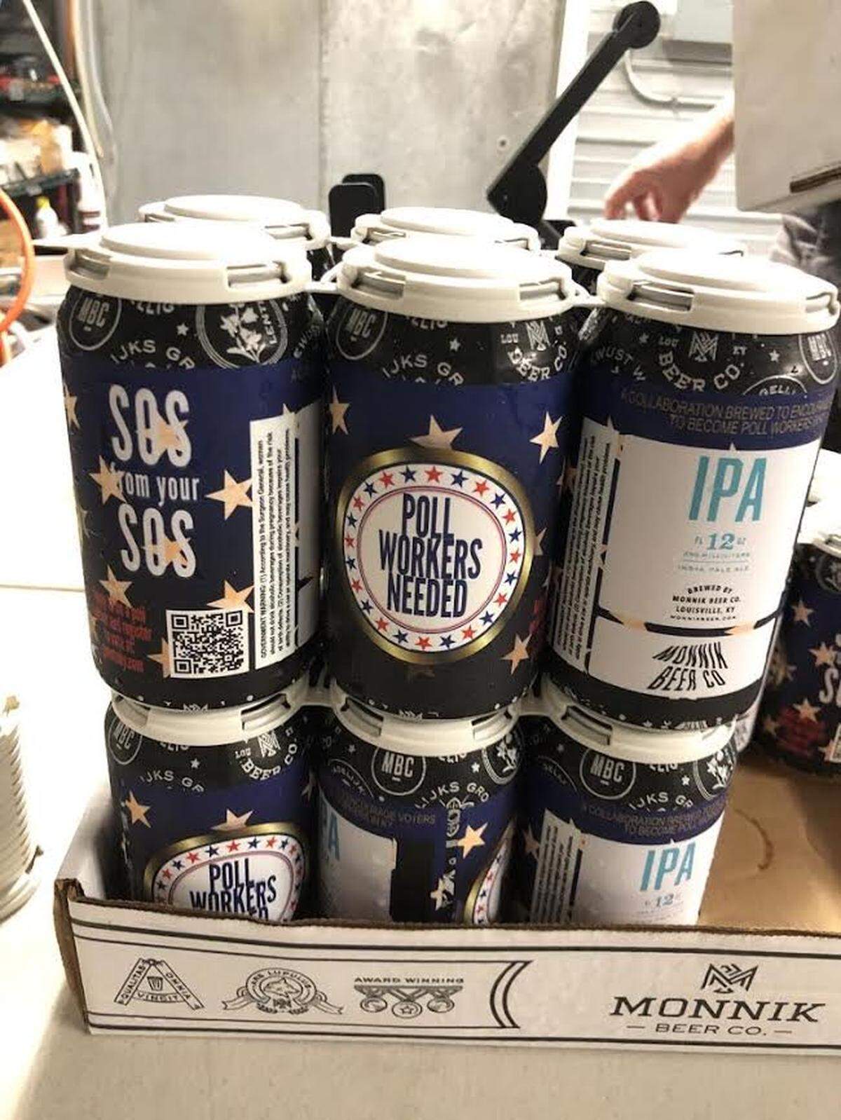 Monnik beer cans carry labels to help Kentucky recruit more poll workers for Nov. 3 general election