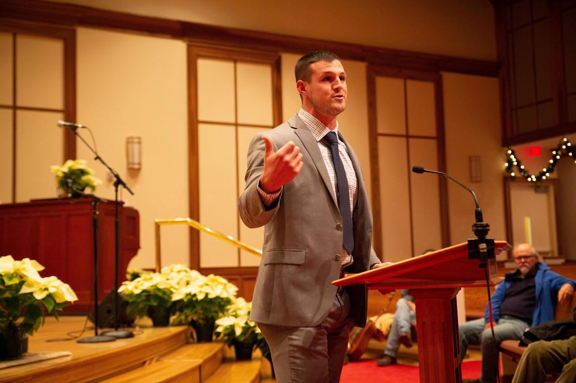 Alex Elswick gives his testimony about his experience with bail during the Justice Through Bail Reform forum at Central Baptist Church in Lexington, Ky., on Tuesday, Dec. 10, 2019.