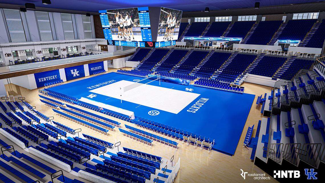 A rendering released by UK shows the layout for volleyball games in the renovated Memorial Coliseum starting in 2024.