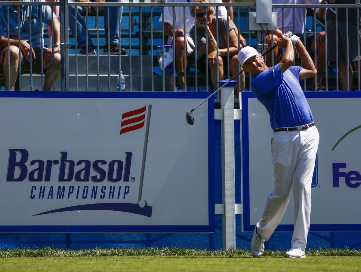 Davis Love III teed off on the first hole during Wednesday’s Pro-Am event at the PGA Tour Barbasol Championship at Keene Trace Golf Club outside Nicholasville.