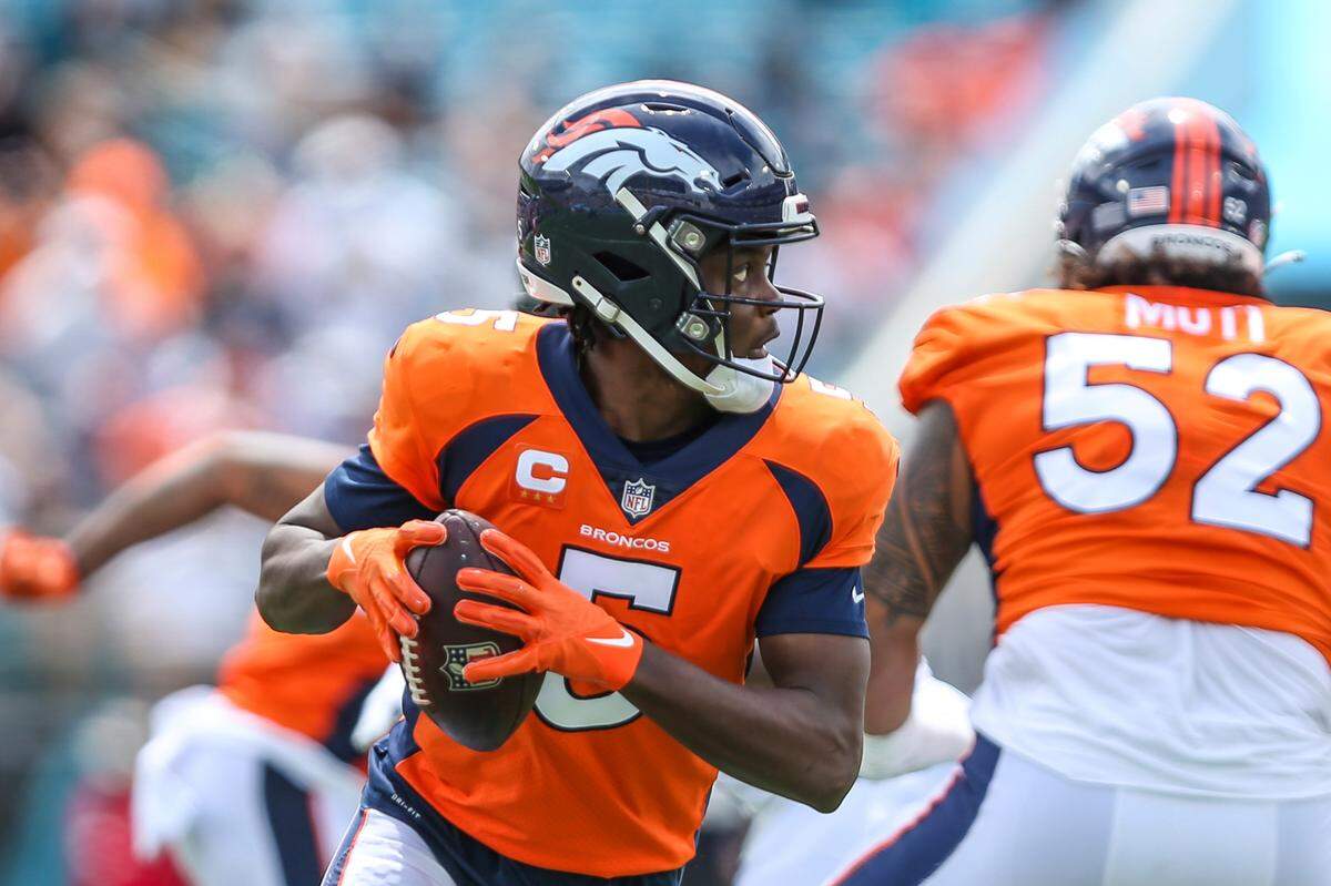 Denver Broncos quarterback Teddy Bridgewater (5) an NFL football game against the Jacksonville Jaguars, Sunday, Sept. 19, 2021, in Jacksonville, Fla. (AP Photo/Gary McCullough)