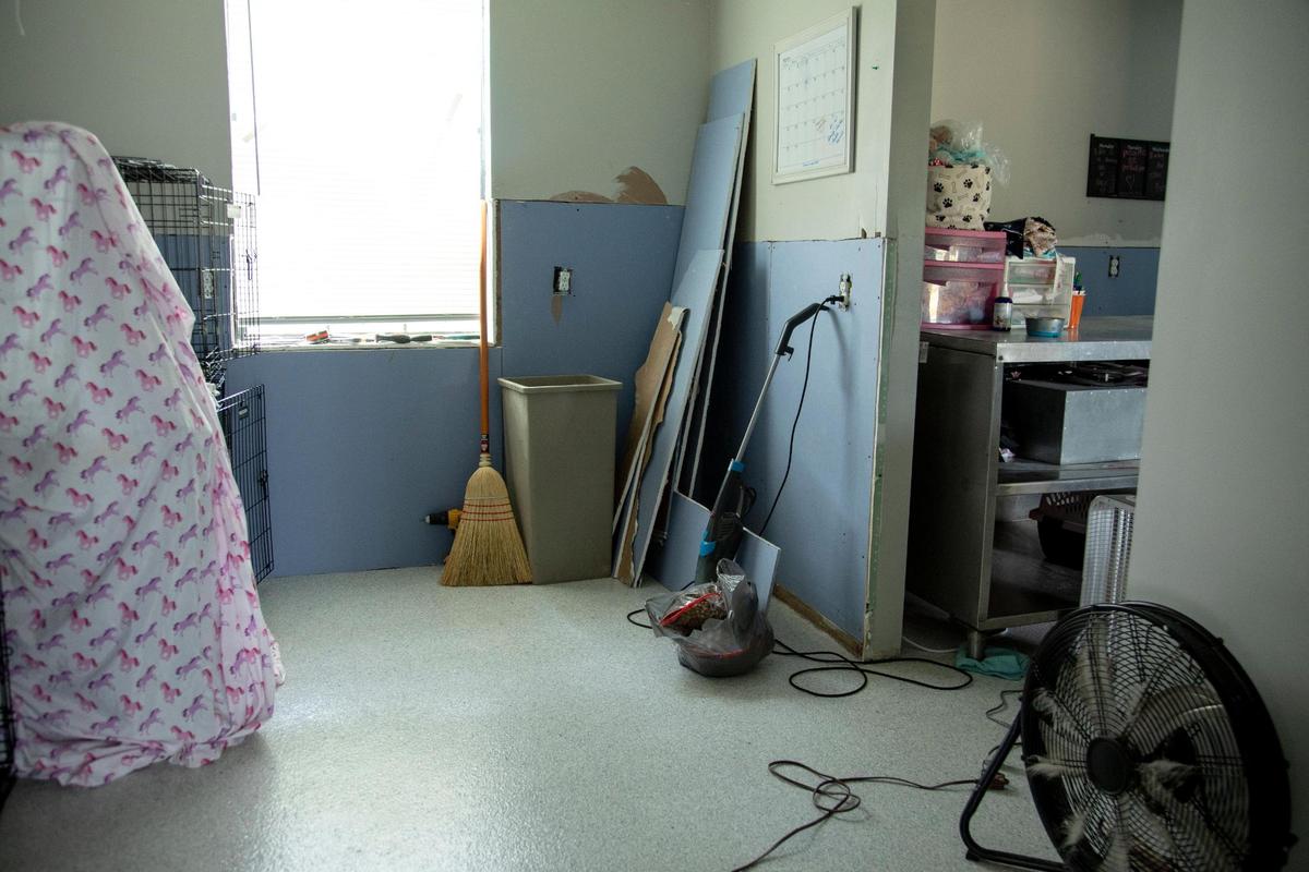 Repairs to the drywall and equipment are still seen in Khristina Everman’s grooming business in Clay City on Monday, May 24, 2021. Everman had to spend savings she was intending to spend on her wedding with repairs to the floor and drywall.