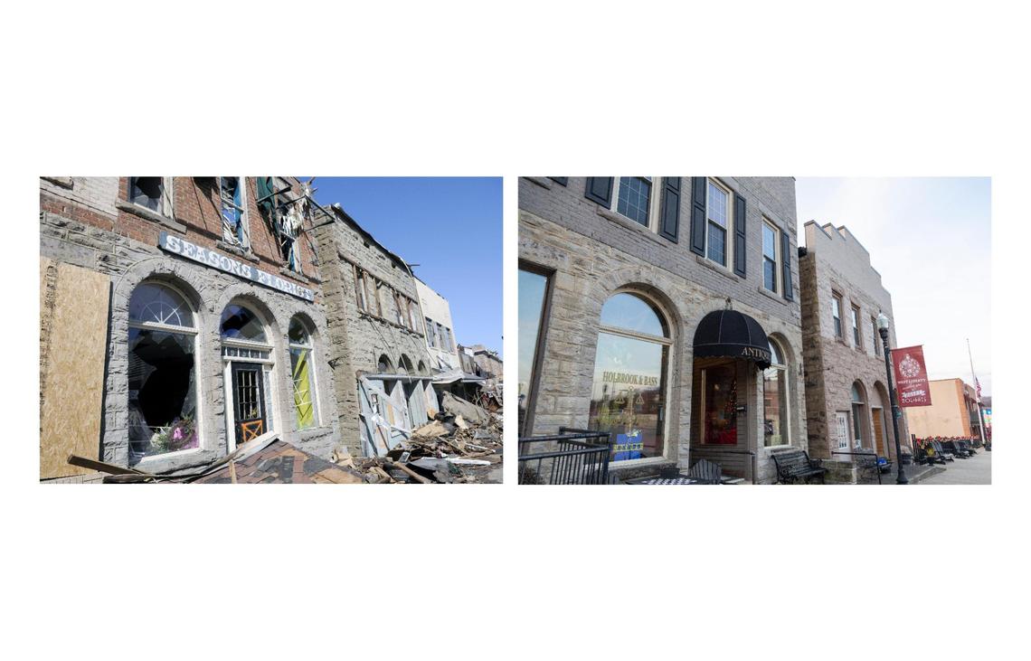 (Left) The Tornado-damaged buildings across from the Morgan County Courthouse in downtown West Liberty in 2012.(Right) The location on Main Street where Seasons Florist used to be located in West Liberty, Ky., Wednesday, December 15, 2021.