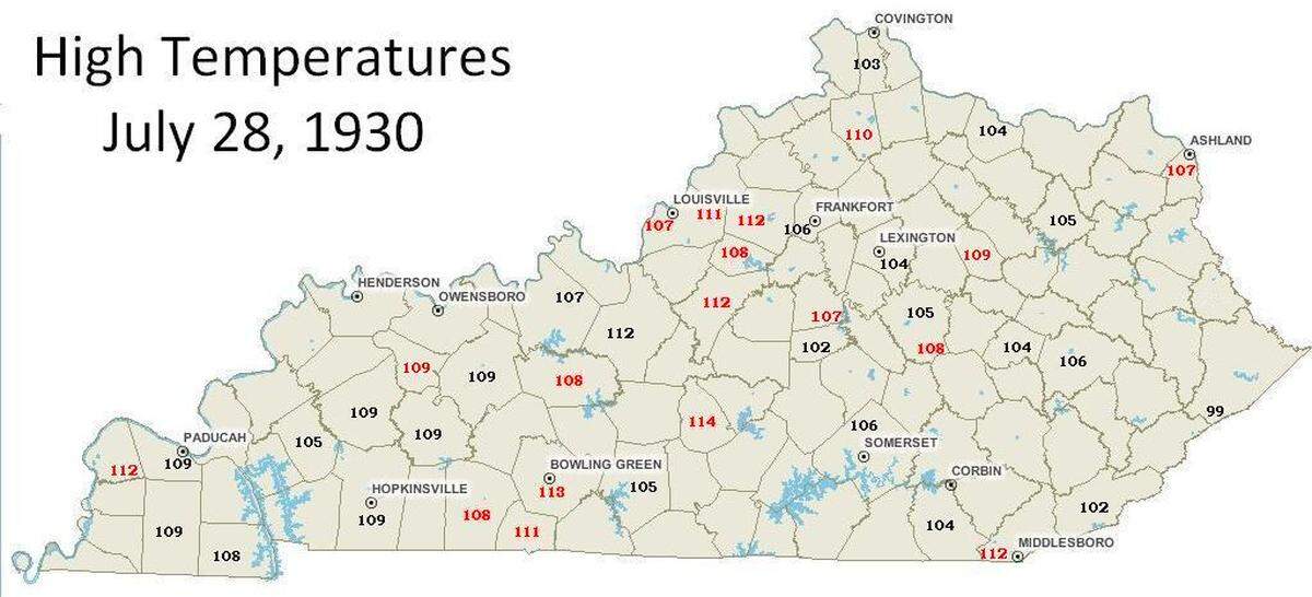 July 28, 1930, arguably the hottest day in Kentucky history. A map of above shows record high single-day temperatures across Kentucky. The highest of which was set in Greensburg, in the southcentral region of the Kentucky, at 114 degrees. Retrieved from https://www.weather.gov/lmk/top10heat