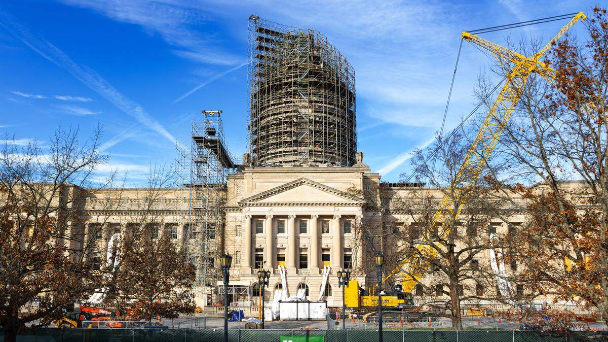 Rear entrance of the Kentucky State Capitol building, currently undergoing renovation, on Jan. 9, 2026, in Frankfort, Ky.